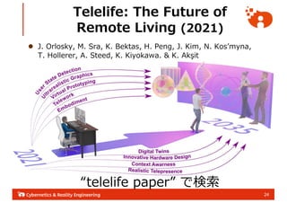 24
Telelife: The Future of
Remote Living (2021)
l J. Orlosky, M. Sra, K. Bektas, H. Peng, J. Kim, N. Kos?myna,
T. Hollerer, A. Steed, K. Kiyokawa. & K. Ak?it
telelife paper Ǘ
 