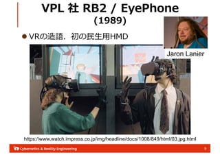 9
VPL  RB2 / EyePhone
(1989)
l VRZ???HMD
https://www.watch.impress.co.jp/img/headline/docs/1008/849/html/03.jpg.html
Jaron Lanier
 