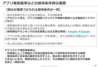 storialaw.jp All rights reserved.
アプリ審査基準などの提供条件開示義務
68
【開示が義務づけられる提供条件の一例】
・取引を拒絶することがある場合は、その判断基準
（アカウント停止、アプリの審査リジェクトや削除の基準となる審査ガイドライ
ンなど）
・検索順位等の決定に用いられる主要な事項。金銭の支払いが順位に影響を及ぼ
す可能性がある場合はその旨を含む
（検索順位やランキングの決定要素となる主要な事項）▶Apple ▶Google
・アプリの売上額の推移などのデータを取得し、または利用する場合はデータの
内容や取得・使用条件
・売上金の支払いを留保する場合はその内容や条件
アプリストア運営事業者は、
・利用者にとって明確かつ平易な表現を用いて提供条件を記載する義務
・提供条件に日本語の翻訳文を付すこと。開示時に翻訳文を付すことが
できないときは、期限を明示したうえで、その期限までに翻訳文を付す義務
を負う（規則5条）
 