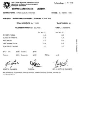 MUY ILUSTRE MUNICIPALIDAD DE GUAYAQUIL
(GOBIERNO AUTÓNOMO DESCENTRALIZADO)
DIRECCIÓN FINANCIERA
14-MAY-2013
1er. Sem. ($.) 2do. Sem. ($.)
IMPUESTO PREDIAL 0.00 0.00
CUERPO DE BOMBEROS 0.40 0.39
ASEO PUBLICO 0.01 0.01
TASA DRENAJE PLUVIAL 0.40 0.40
CONTRIB. ESP. MEJORAS 3.43 3.43
COMPROBANTE DE PAGO: 18191774
CONCEPTO: IMPUESTO PREDIAL URBANO Y ADICIONALES ANIO 2012
TÍTULO DE CRÉDITO No: T-046933 CLASIFICACIÓN: A14
VALOR DE LA PROPIEDAD: $22,748.64 0.0000000000
TARIFA:
PARA
EL
CIUDADANO
Imp. + Adic:
Recargo:
$8.47
$0.46
Coactiva:
Descuento:
$0.00
$0.00
Esta información ha sido generada en el sitio web municipal. Puede ser comprobada ingresando al siguiente link:
www.guayaquil.gob.ec
CHACON SALINAS (HERMANOS)
CONTRIBUYENTE: CÓDIGO: 014-0032-001-2-0-0-1
TOTAL: $8.92
Fecha de Pago:
DIRECTOR FINANCIERO TESORERO JEFE DE RENTAS-D. FINANCIERA
 