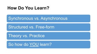 How Do You Learn?
Synchronous vs. Asynchronous
Structured vs. Free-form
Theory vs. Practice
So how do YOU learn?
 