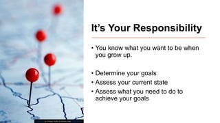 It’s Your Responsibility
• You know what you want to be when
you grow up.
• Determine your goals
• Assess your current state
• Assess what you need to do to
achieve your goals
This Photo by Unknown Author is licensed under CC BY-NC-ND
 
