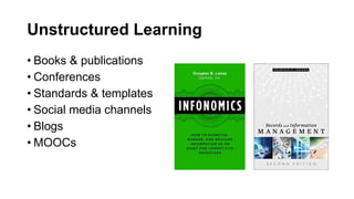 Unstructured Learning
• Books & publications
• Conferences
• Standards & templates
• Social media channels
• Blogs
• MOOCs
 
