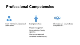 Professional Competencies
Every information professional
needs these!
Examples include:
Project management
Communication / public
speaking
Change management
What else are we missing?
Where can you acquire those
competencies?
 