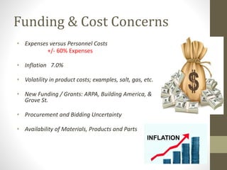 Funding & Cost Concerns
• Expenses versus Personnel Costs
+/- 60% Expenses
• Inflation 7.0%
• Volatility in product costs; examples, salt, gas, etc.
• New Funding / Grants: ARPA, Building America, &
Grove St.
• Procurement and Bidding Uncertainty
• Availability of Materials, Products and Parts
 