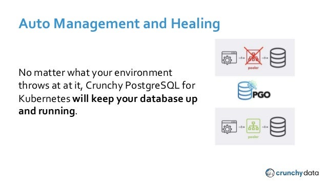 No matter what your environment
throws at at it, Crunchy PostgreSQL for
Kubernetes will keep your database up
and running.
Auto Management and Healing
 