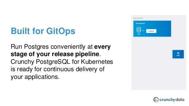 CPSM Provider Plugin
Built for GitOps
Run Postgres conveniently at every
stage of your release pipeline.
Crunchy PostgreSQL for Kubernetes
is ready for continuous delivery of
your applications.
 