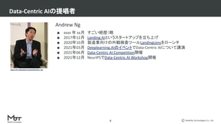Mobility Technologies Co., Ltd.
Andrew Ng
■ xxxx 年 xx月　すごい経歴（略
■ 2017年12月　Landing AIというスタートアップを立ち上げ
■ 2020年10月　製造業向けの外観検査ツールLandingLensをローンチ
■ 2021年03月　Deeplearning.AIのイベントでData-Centric AIについて講演
■ 2021年06月　Data-Centirc AI Competition開催
■ 2021年12月　NeurIPSでData-Centric AI Workshop開催
Data-Centric AIの提唱者
6
https://en.wikipedia.org/wiki/Andrew_Ng
 