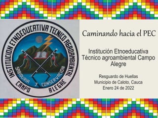 Caminando hacia el PEC
Institución Etnoeducativa
Técnico agroambiental Campo
Alegre
Resguardo de Huellas
Municipio de Caloto, Cauca
Enero 24 de 2022
 