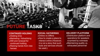FUTURE TASKS
CONTINUED HOLDING
Holding time
Marketing / Advertising
Will and renewal for
continued holding
Raising hands from new
heroes
SOCIAL GATHERING
Online vs Offline
How to create a place to
interact online (However,
it is not a story that such
tools and services should
be used.)
DELIVERY PLATFORM
Distribution platform and
operations for speakers
surprised by overseas
Maintaining quality vs.
exhausted personnel
 
