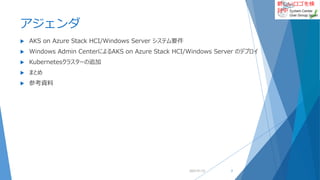 新しいロゴを検
討中
アジェンダ
 AKS on Azure Stack HCI/Windows Server システム要件
 Windows Admin CenterによるAKS on Azure Stack HCI/Windows Server のデプロイ
 Kubernetesクラスターの追加
 まとめ
 参考資料
2022/01/22 3
 