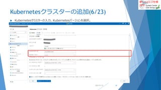 新しいロゴを検
討中
Kubernetesクラスターの追加(6/23)
 Kubernetesクラスターの入力、Kubernetesバージョンを選択。
2022/01/22 42
 