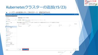 新しいロゴを検
討中
Kubernetesクラスターの追加(15/23)
 ノードプールを追加したら、[次のステージ: 認証]をクリック。
2022/01/22 50
 