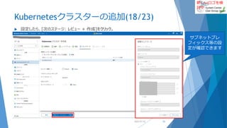新しいロゴを検
討中
Kubernetesクラスターの追加(18/23)
 設定したら、[次のステージ: レビュー + 作成]をクリック。
2022/01/22 53
サブネットプレ
フィックス等の設
定が確認できます
 
