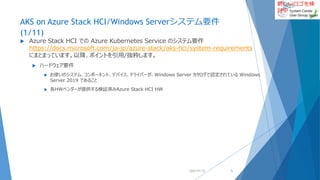 新しいロゴを検
討中
AKS on Azure Stack HCI/Windows Serverシステム要件
(1/11)
 Azure Stack HCI での Azure Kubernetes Service のシステム要件
https://docs.microsoft.com/ja-jp/azure-stack/aks-hci/system-requirements
にまとまっています。以降、ポイントを引用/抜粋します。
 ハードウェア要件
 お使いのシステム、コンポーネント、デバイス、ドライバーが、Windows Server カタログで認定されている Windows
Server 2019 であること
 各HWベンダーが提供する検証済みAzure Stack HCI HW
2022/01/22 5
 