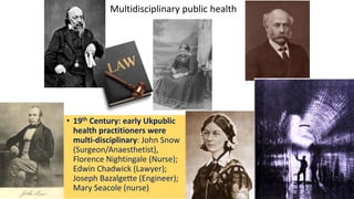 Multidisciplinary public health
• 19th Century: early Ukpublic
health practitioners were
multi-disciplinary: John Snow
(Surgeon/Anaesthetist),
Florence Nightingale (Nurse);
Edwin Chadwick (Lawyer);
Joseph Bazalgette (Engineer);
Mary Seacole (nurse)
 
