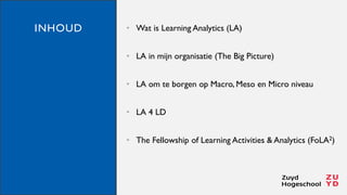 INHOUD • Wat is Learning Analytics (LA)
• LA in mijn organisatie (The Big Picture)
• LA om te borgen op Macro, Meso en Mic...
