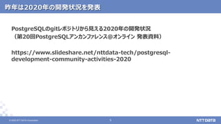 © 2022 NTT DATA Corporation 5
5
© 2022 NTT DATA Corporation
昨年は2020年の開発状況を発表
PostgreSQLのgitレポジトリから見える2020年の開発状況
（第20回PostgreSQLアンカンファレンス@オンライン 発表資料）
https://www.slideshare.net/nttdata-tech/postgresql-
development-community-activities-2020
 
