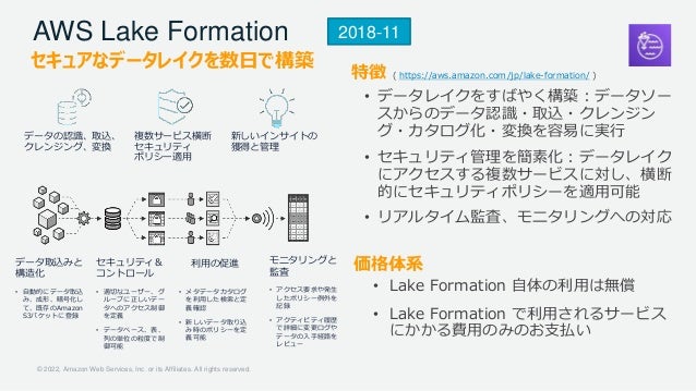 © 2022, Amazon Web Services, Inc. or its Affiliates. All rights reserved.
セキュアなデータレイクを数日で構築
特徴 ( https://aws.amazon.com/jp/lake-formation/ )
• データレイクをすばやく構築：データソー
スからのデータ認識・取込・クレンジン
グ・カタログ化・変換を容易に実行
• セキュリティ管理を簡素化：データレイク
にアクセスする複数サービスに対し、横断
的にセキュリティポリシーを適用可能
• リアルタイム監査、モニタリングへの対応
価格体系
• Lake Formation 自体の利用は無償
• Lake Formation で利用されるサービス
にかかる費用のみのお支払い
新しいインサイトの
獲得と管理
複数サービス横断
セキュリティ
ポリシー適用
データの認識、取込、
クレンジング、変換
AWS Lake Formation
データ取込みと
構造化
• 自動的にデータ取込
み、成形、暗号化し
て、既存のAmazon
S3バケットに登録
セキュリティ＆
コントロール
• 適切なユーザー、グ
ループに正しいデー
タへのアクセス制御
を定義
• データベース、表、
列の単位の粒度で制
御可能
利用の促進
• メタデータカタログ
を利用した検索と定
義確認
• 新しいデータ取り込
み時のポリシーを定
義可能
モニタリングと
監査
• アクセス要求や発生
したポリシー例外を
記録
• アクティビティ履歴
で詳細に変更ログや
データの入手経路を
レビュー
2018-11
 