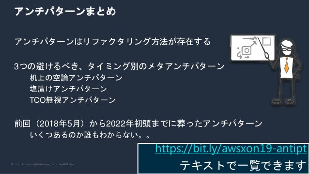 © 2022, Amazon Web Services, Inc. or its Affiliates.
アンチパターンまとめ
アンチパターンはリファクタリング方法が存在する
3つの避けるべき、タイミング別のメタアンチパターン
机上の空論アンチパターン
塩漬けアンチパターン
TCO無視アンチパターン
前回（2018年5月）から2022年初頭までに葬ったアンチパターン
いくつあるのか誰もわからない。。
https://bit.ly/awsxon19-antipt
テキストで一覧できます
 