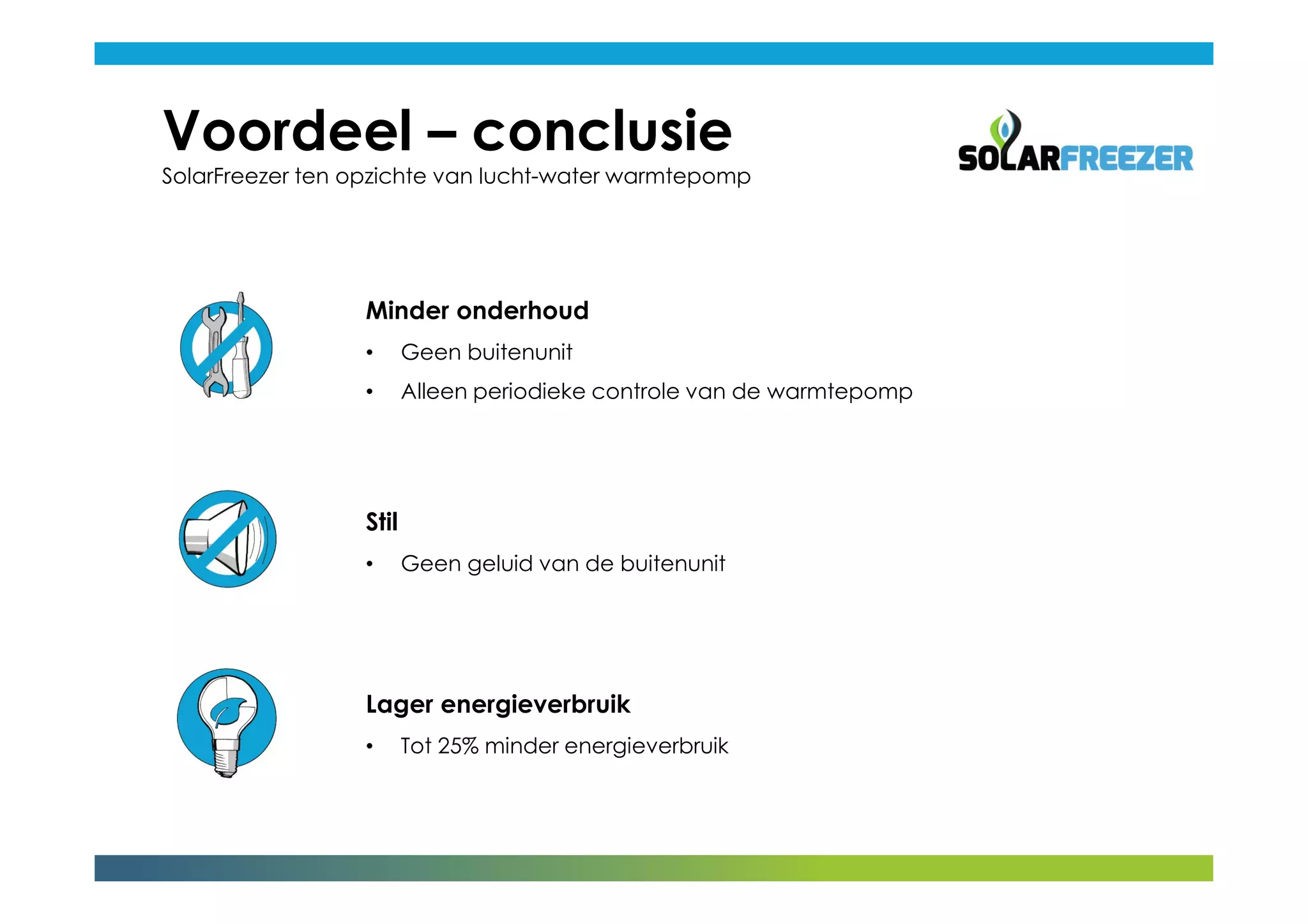 Voordeel – conclusie
SolarFreezer ten opzichte van lucht-water warmtepomp
Minder onderhoud
• Geen buitenunit
• Alleen periodieke controle van de warmtepomp
Stil
• Geen geluid van de buitenunit
Lager energieverbruik
• Tot 25% minder energieverbruik
 
