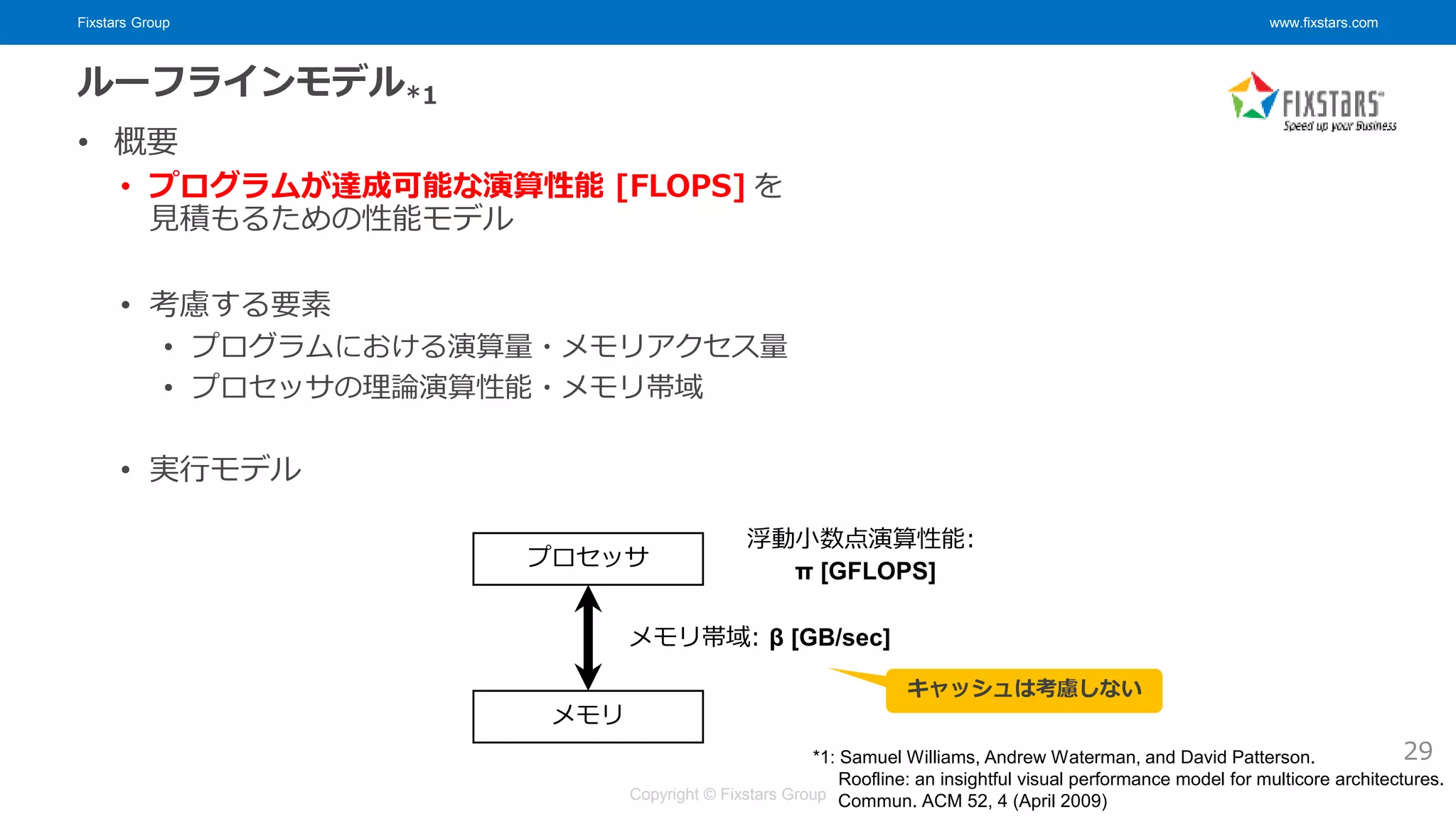 Fixstars Group www.fixstars.com
Copyright © Fixstars Group
ルーフラインモデル*1
• 概要
• プログラムが達成可能な演算性能 [FLOPS] を
見積もるための性能モデル
• 考慮する要素
• プログラムにおける演算量・メモリアクセス量
• プロセッサの理論演算性能・メモリ帯域
• 実行モデル
29
プロセッサ
メモリ
浮動小数点演算性能:
π [GFLOPS]
メモリ帯域: β [GB/sec]
*1: Samuel Williams, Andrew Waterman, and David Patterson.
Roofline: an insightful visual performance model for multicore architectures.
Commun. ACM 52, 4 (April 2009)
キャッシュは考慮しない
 