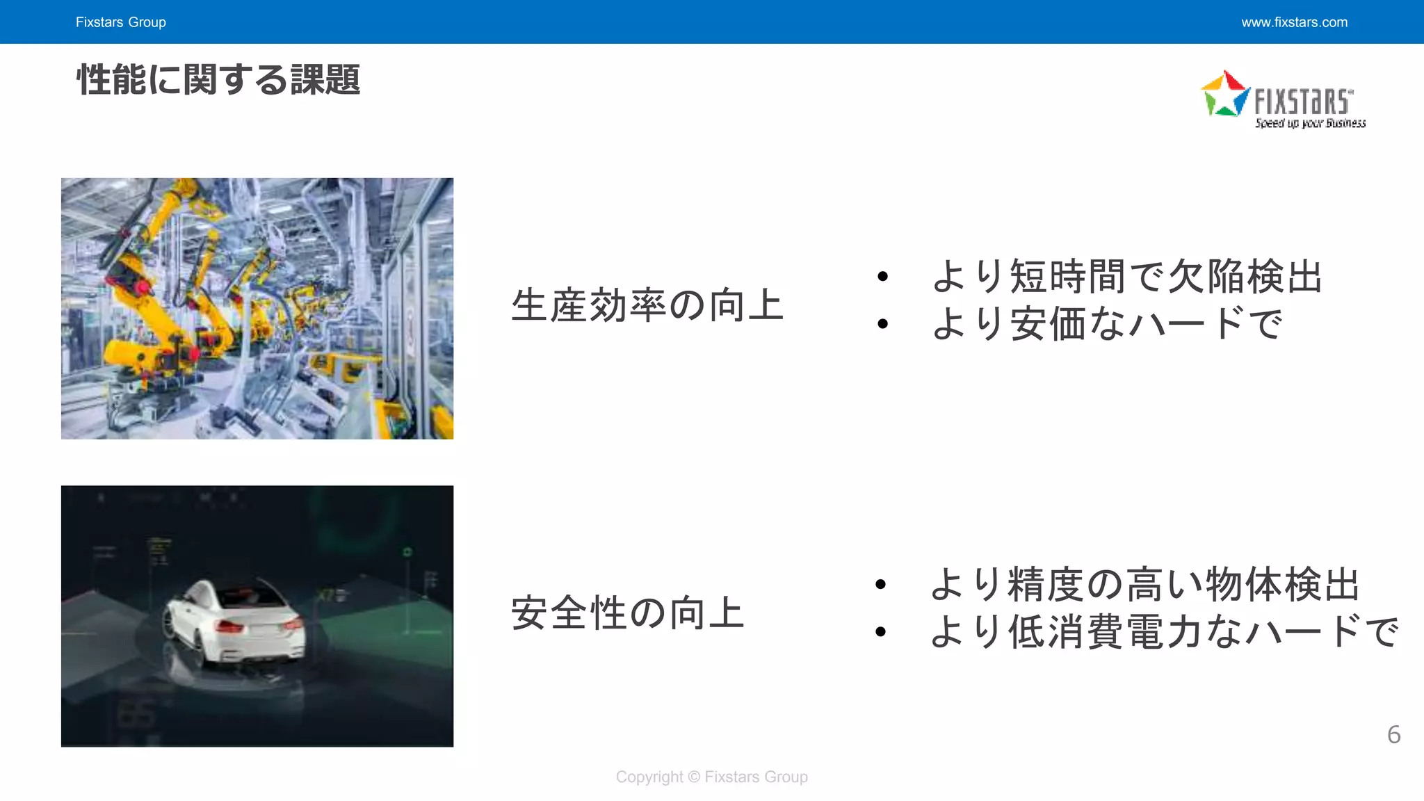 Fixstars Group www.fixstars.com
Copyright © Fixstars Group
性能に関する課題
6
生産効率の向上
• より短時間で欠陥検出
• より安価なハードで
安全性の向上
• より精度の高い物体検出
• より低消費電力なハードで
 