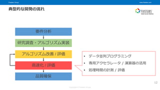 Fixstars Group www.fixstars.com
Copyright © Fixstars Group
12
要件分析
研究調査・アルゴリズム実装
高速化 / 評価
アルゴリズム改善 / 評価
品質確保
典型的な開発の流れ
• データ並列プログラミング
• 専用アクセラレータ / 演算器の活用
• 処理時間の計測 / 評価
 