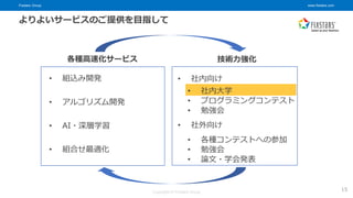 Fixstars Group www.fixstars.com
Copyright © Fixstars Group
• 社内大学
• プログラミングコンテスト
• 勉強会
• 各種コンテストへの参加
• 勉強会
• 論文・学会発表
• 社内向け
• 社外向け
よりよいサービスのご提供を目指して
15
• 組込み開発
• アルゴリズム開発
• AI・深層学習
• 組合せ最適化
各種高速化サービス 技術力強化
 