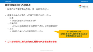 Fixstars Group www.fixstars.com
Copyright © Fixstars Group
典型的な高速化の問題点
• 反復的な作業であるため、ゴールが見えない
• 作業を始めるにあたって以下を明らかにしたい
• 目標
• 高速化余地がどの程度あるか
• 作業内容
• どういった高速化手法を適用すべきか、どの程度有効か
• 工数
• 高速化作業にどの程度時間がかかるか
• これらの疑問に答えるために性能モデルを活用できる
特に受託開発では
これらをうまく説明できることが
顧客満足につながる
21
 