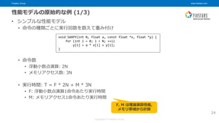 Fixstars Group www.fixstars.com
Copyright © Fixstars Group
性能モデルの原始的な例 (1/3)
• シンプルな性能モデル
• 命令の種類ごとに実行回数を数えて重み付け
• 命令数
• 浮動小数点演算: 2N
• メモリアクセス数: 3N
• 実行時間: T = F * 2N + M * 3N
• F: 浮動小数点演算1命令あたり実行時間
• M: メモリアクセス1命令あたり実行時間
void SAXPY(int N, float a, const float *x, float *y) {
for (int i = 0; i < N; ++i)
y[i] = a * x[i] + y[i];
}
F, M は理論演算性能,
メモリ帯域から計算
24
 