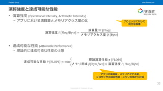 Fixstars Group www.fixstars.com
Copyright © Fixstars Group
演算強度と達成可能な性能
• 演算強度 (Operational Intensity, Arithmetic Intensity)
• アプリにおける演算量とメモリアクセス量の比
• 達成可能な性能 (Attainable Performance)
• 理論的に達成可能な性能の上限
演算強度 𝐼 [Flop/Byte] =
演算量 𝑊 [Flop]
メモリアクセス量 𝑄 [Byte]
達成可能な性能 𝑃 [FLOPS] = min
理論演算性能 𝜋 [FLOPS]
メモリ帯域 𝛽[Byte/sec] × 演算強度 𝐼 [Flop/Byte]
プロセッサに対して
独立な指標
32
アプリの演算量・メモリアクセス量,
プロセッサの演算性能・メモリ帯域から計算
 