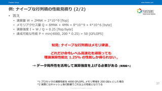 Fixstars Group www.fixstars.com
Copyright © Fixstars Group
例: ナイーブな行列積の性能見積り (2/2)
• 答え
• 演算量 W = 2MNK = 2*10^9 [flop]
• メモリアクセス量 Q = 8MNK + 4MN = 8*10^9 + 4*10^6 [byte]
• 演算強度 I = W / Q ≈ 0.25 [flop/byte]
• 達成可能な性能 P ≈ min(4000, 200 * 0.25) = 50 [GFLOPS]
37
どれだけ命令レベル高速化を頑張っても
理論演算性能比 1.25% の性能しか得られない*2
→ データ局所性を活用して演算強度を上げる必要がある (実践編へ)
知見: ナイーブな行列積はメモリ律速*1
*1 プロセッサの演算性能を 4000 GFLOPS, メモリ帯域を 200 GB/s とした場合
*2 実際にはキャッシュ等の影響でこれ以上の性能となりうる
 