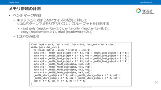 Fixstars Group www.fixstars.com
Copyright © Fixstars Group
メモリ帯域の計測
• ベンチマーク内容
• キャッシュに収まらないサイズの配列に対して
4つのパターンでメモリアクセスし、スループットを計測する
• read only (read:write=1:0), write only (read:write=0:1),
copy (read:write=1:1), triad (read:write=2:1)
• 1コアのみ使用
float *sp0 = src0, *sp1 = src1, *dp = dst, *dst_end = dst + size;
while (dp < dst_end) {
// triad: dst[i] = alpha * src0[i] + src1[i];
auto vx0 = _mm256_load_ps(sp0 + 0 * 8), vx1 = _mm256_load_ps(sp0 + 1 * 8);
auto vx2 = _mm256_load_ps(sp0 + 2 * 8), vx3 = _mm256_load_ps(sp0 + 3 * 8);
auto vy0 = _mm256_load_ps(sp1 + 0 * 8), vy1 = _mm256_load_ps(sp1 + 1 * 8);
auto vy2 = _mm256_load_ps(sp1 + 2 * 8), vy3 = _mm256_load_ps(sp1 + 3 * 8);
auto vz0 = _mm256_fmadd_ps(valpha, vx0, vy0);
auto vz1 = _mm256_fmadd_ps(valpha, vx1, vy1);
auto vz2 = _mm256_fmadd_ps(valpha, vx2, vy2);
auto vz3 = _mm256_fmadd_ps(valpha, vx3, vy3);
_mm256_store_ps(dp + 0 * 8, vz0); _mm256_store_ps(dp + 1 * 8, vz1);
_mm256_store_ps(dp + 2 * 8, vz2); _mm256_store_ps(dp + 3 * 8, vz3);
sp0 += 4 * 8, sp1 += 4 * 8, dp += 4 * 8;
} 50
 