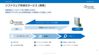 Fixstars Group www.fixstars.com
Copyright © Fixstars Group
ソフトウェア高速化サービス (概要)
お客様のソースコードをご提供いただき、
最適化やアルゴリズムの改良を施して高速化してお返しします
当社 お客様
オリジナルソースコードのご提供
高速化したソースコード
コンサルティング 高速化 サポート
要件分析
先行研究等の調査
アルゴリズムの改良・開発
ハードウェアへの最適化
実製品への組込み支援
レポートやコードへのQ&A
7
 