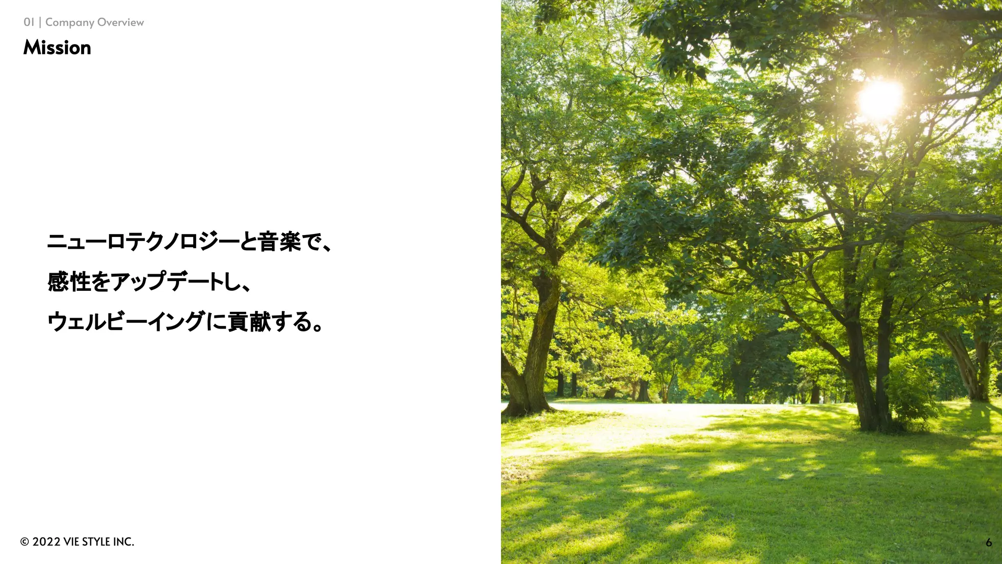 6
© 2022 VIE STYLE INC.
01 | Company Overview
Mission
ニューロテクノロジーと音楽で、
感性をアップデートし、
ウェルビーイングに貢献する。
 