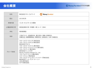 © Money Forward, Inc. 20
会社概要
社名 　株式会社マネーフォワード
設立 　2012年5月
事業内容 　インターネットサービス開発
上場証券取引所 　東京証券取引所 市場第一部（コード： 3994）
本社 　東京都港区
支店
　三田オフィス、北海道支社、東北支社、東海・北陸支社、
　京都支社・京都開発拠点、関西支社、広島支社、九州・沖縄支社
グループ会社
　マネーフォワードケッサイ株式会社
　マネーフォワードホショウ株式会社
　株式会社クラビス
　マネーフォワードファイン株式会社
　マネーフォワードフィナンシャル株式会社
　マネーフォワード i株式会社
　株式会社ナレッジラボ
　Money Forward Vietnam Co., Ltd.
　マネーフォワードシンカ株式会社
　スマートキャンプ株式会社
　マネーフォワードベンチャーパートナーズ株式会社
　株式会社アール・アンド・エー・シー
　ADXL株式会社
　HiTTO株式会社
 