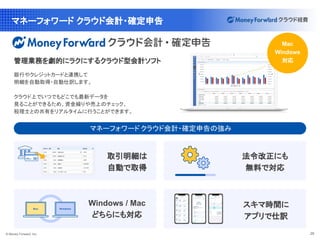 © Money Forward, Inc. 29
マネーフォワード クラウド会計・確定申告
銀行やクレジットカードと連携して
明細を自動取得・自動仕訳します。
クラウド上でいつでもどこでも最新データを
見ることができるため、資金繰りや売上のチェック、
税理士との共有をリアルタイムに行うことができます。
管理業務を劇的にラクにするクラウド型会計ソフト
マネーフォワード クラウド会計・確定申告の強み
Mac
Windows
対応
取引明細は
自動で取得
Windows / Mac
どちらにも対応
スキマ時間に
アプリで仕訳
法令改正にも
無料で対応
Mac
Windows
対応
 