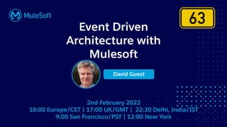 All contents © MuleSoft, LLC
2nd February 2022
18:00 Europe/CET | 17:00 UK/GMT | 22:30 Delhi, India/IST
9:00 San Francisco/PST | 12:00 New York
Event Driven
Architecture with
Mulesoft
David Guest
 