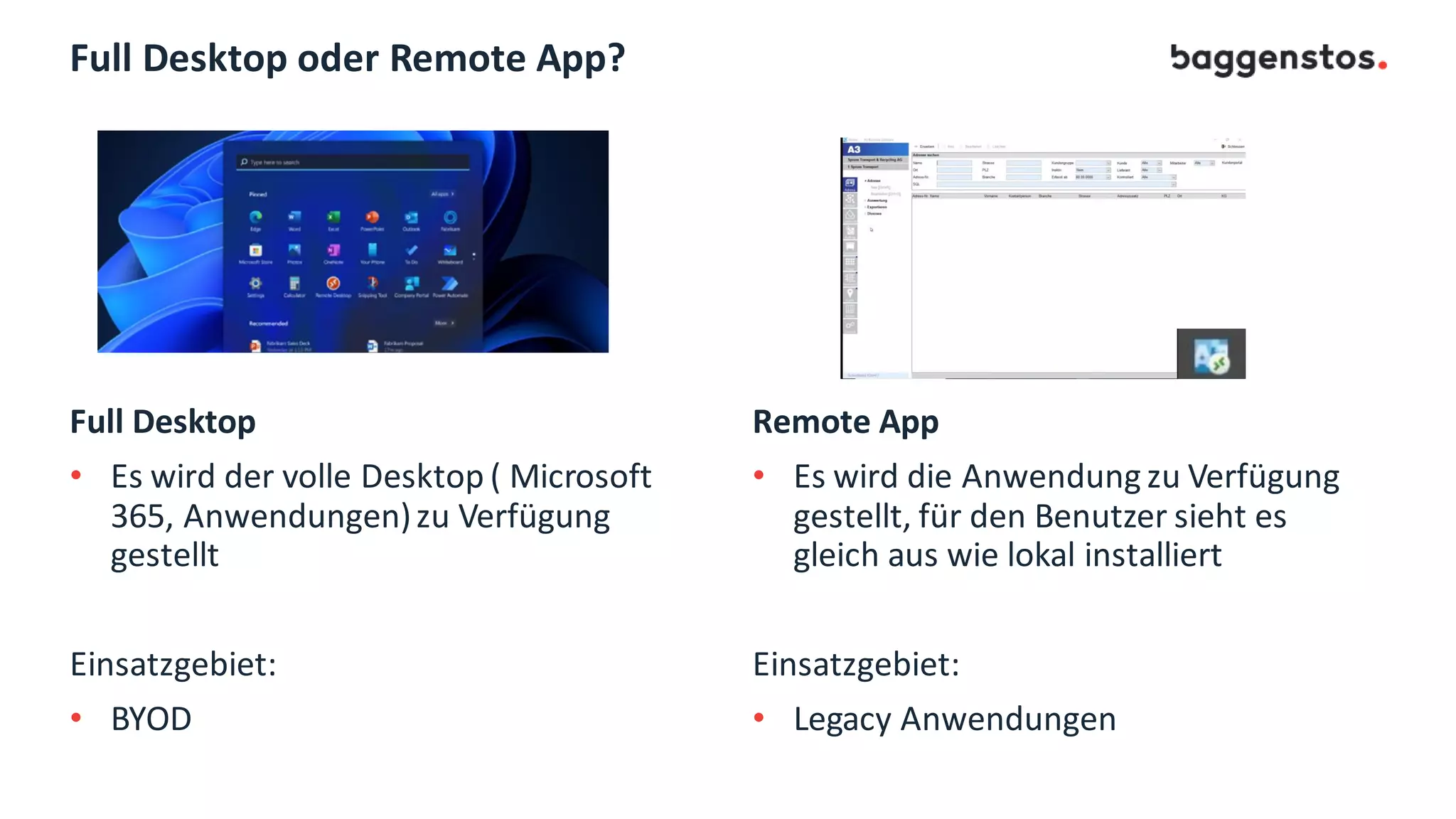 Full Desktop oder Remote App?
Full Desktop
• Es wird der volle Desktop ( Microsoft
365, Anwendungen)zu Verfügung
gestellt
Einsatzgebiet:
• BYOD
Remote App
• Es wird die Anwendung zu Verfügung
gestellt, für den Benutzer sieht es
gleich aus wie lokal installiert
Einsatzgebiet:
• Legacy Anwendungen
 