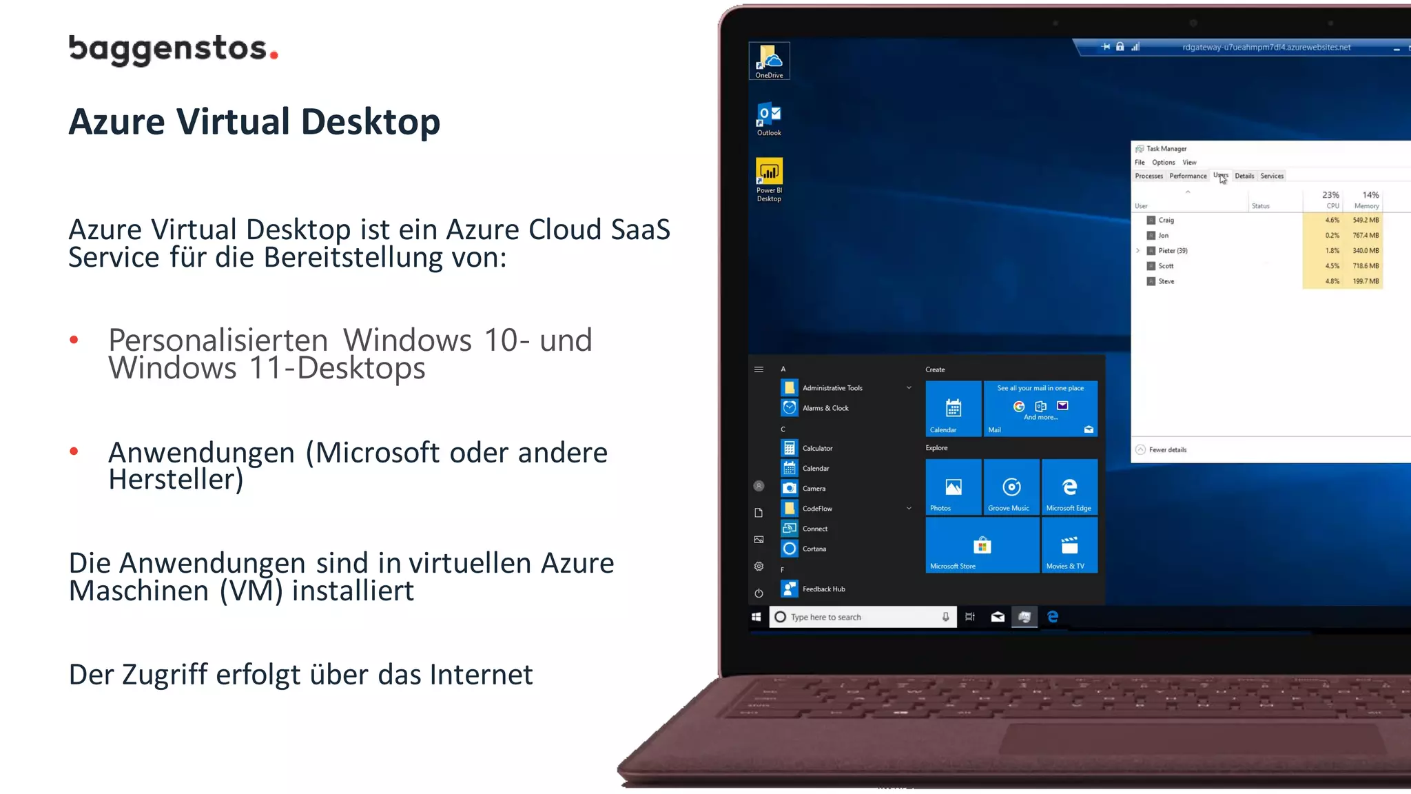 Azure Virtual Desktop
Azure Virtual Desktop ist ein Azure Cloud SaaS
Service für die Bereitstellung von:
• Personalisierten Windows 10- und
Windows 11-Desktops
• Anwendungen (Microsoft oder andere
Hersteller)
Die Anwendungen sind in virtuellen Azure
Maschinen (VM) installiert
Der Zugriff erfolgt über das Internet
 
