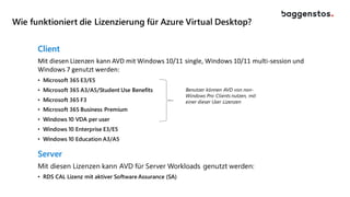 Wie funktioniert die Lizenzierung für Azure Virtual Desktop?
Client
Mit diesen Lizenzen kann AVD mit Windows 10/11 single, Windows 10/11 multi-session und
Windows 7 genutzt werden:
• Microsoft 365 E3/E5
• Microsoft 365 A3/A5/Student Use Benefits
• Microsoft 365 F3
• Microsoft 365 Business Premium
• Windows 10 VDA per user
• Windows 10 Enterprise E3/E5
• Windows 10 Education A3/A5
Server
Mit diesen Lizenzen kann AVD für Server Workloads genutzt werden:
• RDS CAL Lizenz mit aktiver Software Assurance (SA)
Benutzer können AVD von non-
Windows Pro Clients nutzen, mit
einer dieser User Lizenzen
 