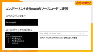 Copyright  (C) 2022 Toranoana Inc. All Rights Reserved.
コンポーネントをReactのソースコードに変換
以下のコマンドを実行
以下のファイルが生成される
$ amplify pull
./src/
└── ui-components
├── NavBar.jsx
├── NavBar.jsx.d.ts
└── index.js
※AWS Amplify UI KitのHeaderを取り込んだ場合
16
 