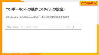 Copyright  (C) 2022 Toranoana Inc. All Rights Reserved.
コンポーネントの操作（スタイルの設定）
AWS Amplify UI KitのHeaderコンポーネントに設定を加えてみます
21
 