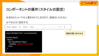 Copyright  (C) 2022 Toranoana Inc. All Rights Reserved.
コンポーネントの操作（スタイルの設定）
生成されたコードは上書きされてしまうので、直接はいじれない
以下のように設定する
import {NavBar} from './ui-components';
function App() {
return (
<div className="App">
<NavBar width={"100vw"} />
</div>
);
}
画面の幅に合わせる
22
 