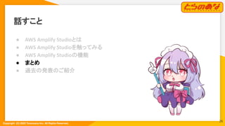 Copyright  (C) 2022 Toranoana Inc. All Rights Reserved.
話すこと
● AWS Amplify Studioとは
● AWS Amplify Studioを触ってみる
● AWS Amplify Studioの機能
● まとめ
● 過去の発表のご紹介
26
 