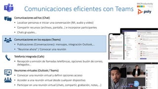 Comunicaciones eficientes con Teams
Comunicaciones ad hoc (Chat)
• Localizar personas e iniciar una conversación (MI, audio y video)
• Compartir recursos (archivos, pantalla…) e incorporar participantes
• Chats grupales…
Comunicaciones en los equipos (Teams)
• Publicaciones (Conversaciones): mensajes, integración Outlook,…
• “Reunirse ahora" / Convocar una reunión
Telefonía integrada (Calls)
• Recepción y emisión de llamadas telefónicas, opciones buzón de correo,
delegados…
Reuniones virtuales (Outlook / Teams)
• Convocar una reunión virtual y definir opciones acceso
• Acceder a una reunión virtual desde cualquier dispositivo
• Participar en una reunión virtual (chats, compartir, grabación, notas,…)
 