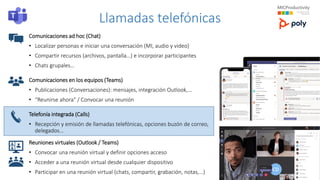 Llamadas telefónicas
Comunicaciones ad hoc (Chat)
• Localizar personas e iniciar una conversación (MI, audio y video)
• Compartir recursos (archivos, pantalla…) e incorporar participantes
• Chats grupales…
Comunicaciones en los equipos (Teams)
• Publicaciones (Conversaciones): mensajes, integración Outlook,…
• “Reunirse ahora" / Convocar una reunión
Telefonía integrada (Calls)
• Recepción y emisión de llamadas telefónicas, opciones buzón de correo,
delegados…
Reuniones virtuales (Outlook / Teams)
• Convocar una reunión virtual y definir opciones acceso
• Acceder a una reunión virtual desde cualquier dispositivo
• Participar en una reunión virtual (chats, compartir, grabación, notas,…)
 