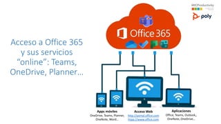 Acceso a Office 365
y sus servicios
“online”: Teams,
OneDrive, Planner…
Apps móviles
OneDrive, Teams, Planner,
OneNote, Word…
Aplicaciones
Office, Teams, Outlook,,
OneNote, OneDrive…
Acceso Web
http://portal.office.com
htpp://www.office.com
 