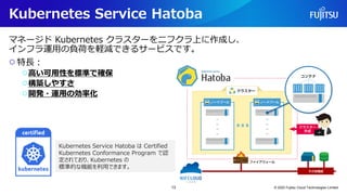Kubernetes Service Hatoba
マネージド Kubernetes クラスターをニフクラ上に作成し、
インフラ運用の負荷を軽減できるサービスです。
○特長：
○高い可用性を標準で確保
○構築しやすさ
○開発・運用の効率化
© 2022 Fujitsu Cloud Technologies Limited
13
Kubernetes Service Hatoba は Certified
Kubernetes Conformance Program で認
定されており、Kubernetes の
標準的な機能を利用できます。
 